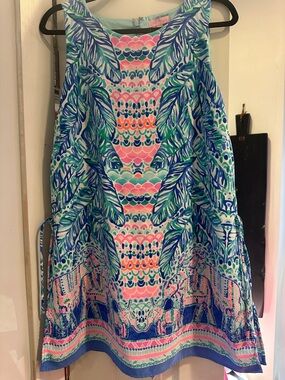 Lilly Pulitzer Donna Romper Turquoise Pink Navy Palm-Print Shift Dress, shorts